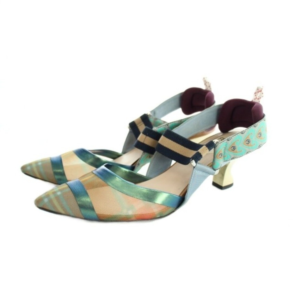 Fendi EU 36.5 Colibri Plaid Mesh Slingback Pumps Teal Gold Sculptural Heels